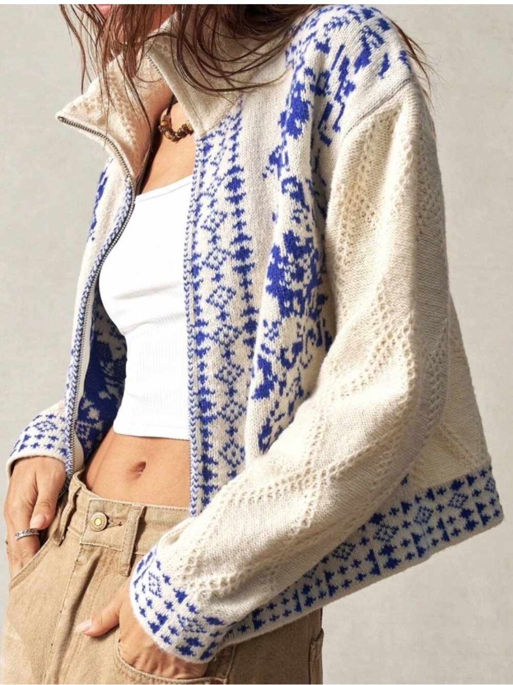 Cozy Floral Print Zip up High Neck Cardigan Sweater